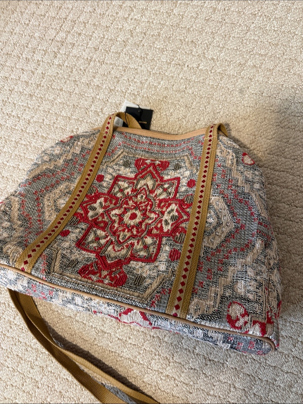 New with tags. Embroidered Floral Tote Bag in Red and Beige